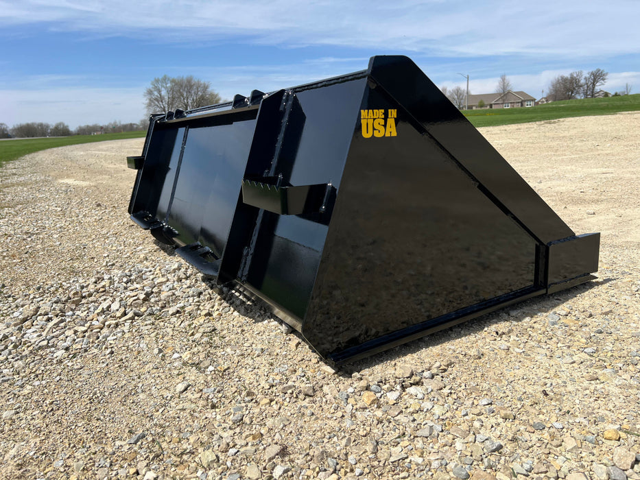 Close-up of Stinger skid steer material bucket reinforced edge and sidewalls – built for durability and long-term performance.