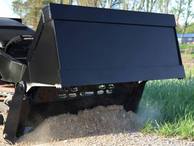 Loflin Mini Skid Steer 4-in-1 Bucket attachment designed for dozing, loading, grappling, and backfilling with maximum versatility.