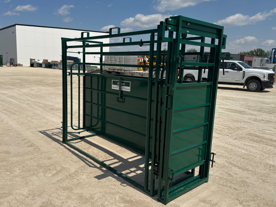 Side view of E-Series Adjustable Cattle Alley showing strong steel frame and non-slip flooring