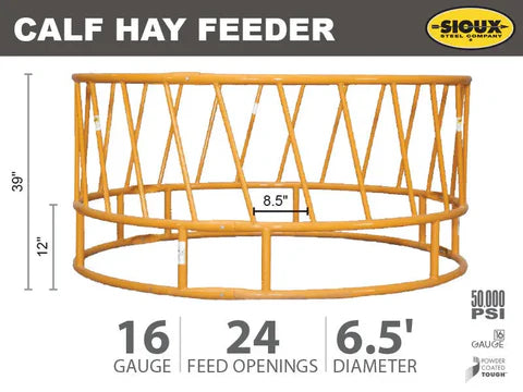 Group of calves feeding from Sioux Steel calf hay feeder engineered for safety, strength, and optimal livestock growth.