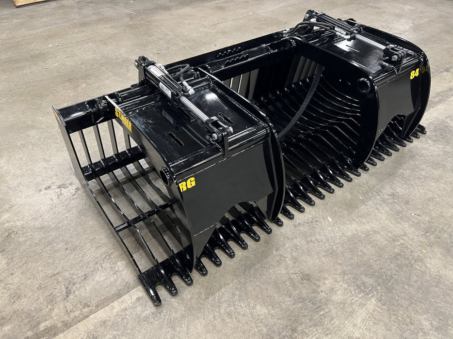 Heavy-duty skid steer rock bucket with skeleton design sifting rocks from soil – durable attachment ideal for land clearing and material separation.