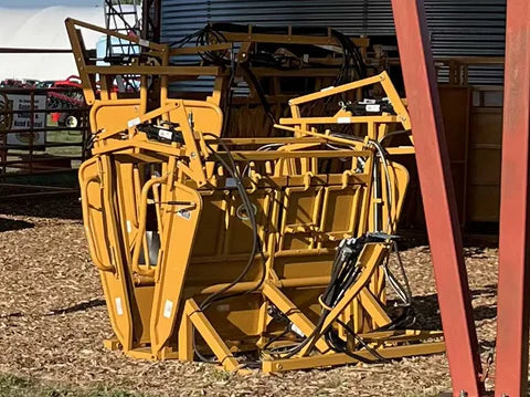 Farmer operating HiQual Hydraulic Calf Chute for smooth restraint and secure calf management on the ranch.
