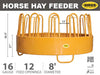 Horses feeding from Sioux Steel Horse Hay Feeder featuring reinforced round frame and rust-resistant finish.