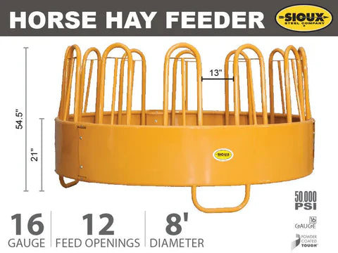Horses feeding from Sioux Steel Horse Hay Feeder featuring reinforced round frame and rust-resistant finish.