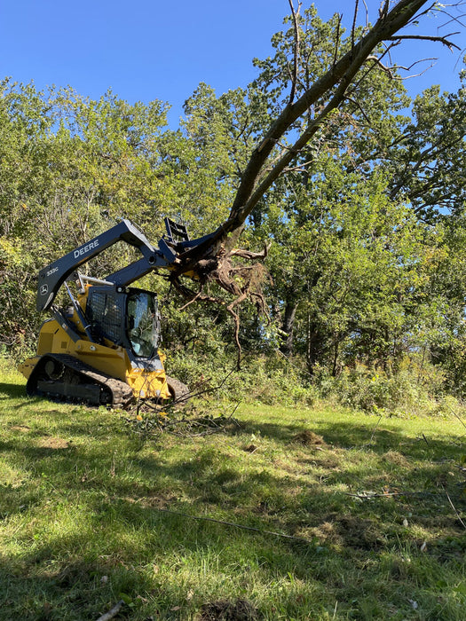 Front view of heavy-duty skid steer tree puller in action – precision-built jaws ensure secure grip and clean tree removal.