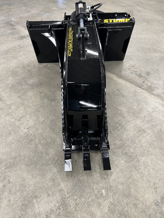 Side angle of the Stump Grapple Bucket showing durable steel tines and wide grapple opening for heavy loads.