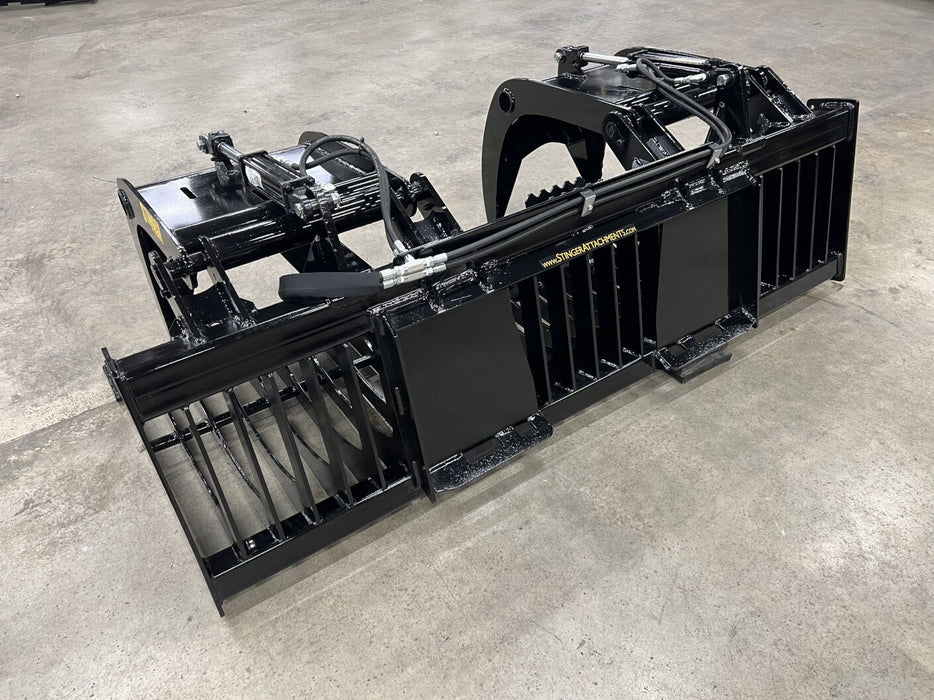 Skeleton-style skid steer rock bucket filtering rocks and dirt – tough steel construction built for demanding work environments.