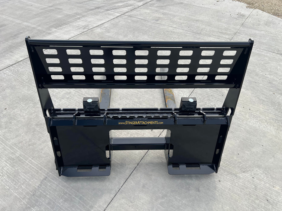Close-up of Stinger Class 2 skid steer pallet forks frame and forged tines – engineered for maximum durability and strength.