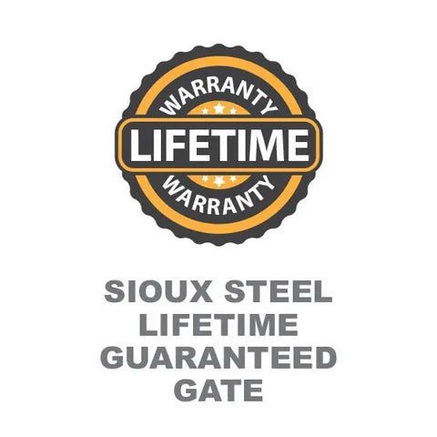 Front view of HiQual Super Six Livestock Gate featuring heavy-duty 2-inch steel tubing and reinforced hinges for long-lasting performance.