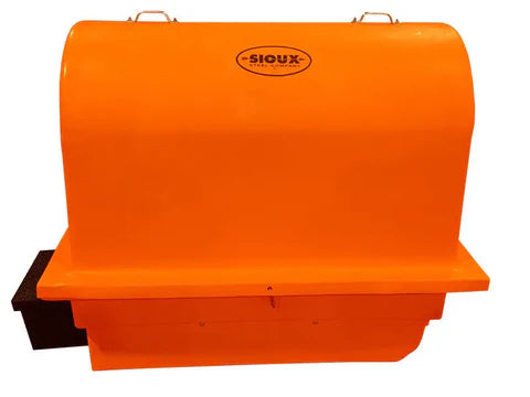 Front view of Sioux Steel Calf Warming Box showing ventilated door and sturdy design for safe calf recovery.