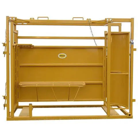 Complete cattle handling setup featuring Sioux Steel Adjustable Cattle Alley connected to a squeeze chute for optimal flow.