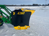 Compact skid steer snow pusher attachment moving snow along pavement – heavy-duty construction built for long-lasting performance.