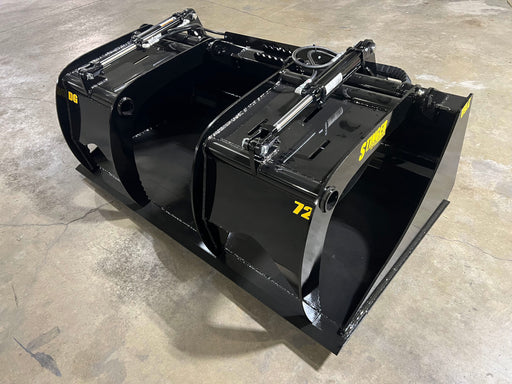 Heavy-duty demolition grapple bucket from Stinger DG Series mounted on a tractor lifting concrete debris on a job site.