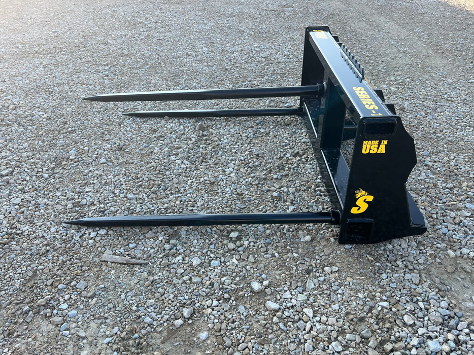 Close-up of Stinger Attachments bale spear forged tines and sturdy frame – engineered for strength, precision, and long-term use.
