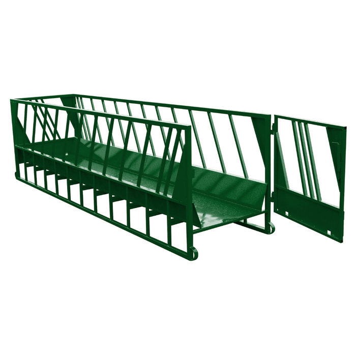 Heavy-Duty Cattle Bunk Feeder on Skids – 10′ steel feed bunk designed for durability and easy mobility on the ranch