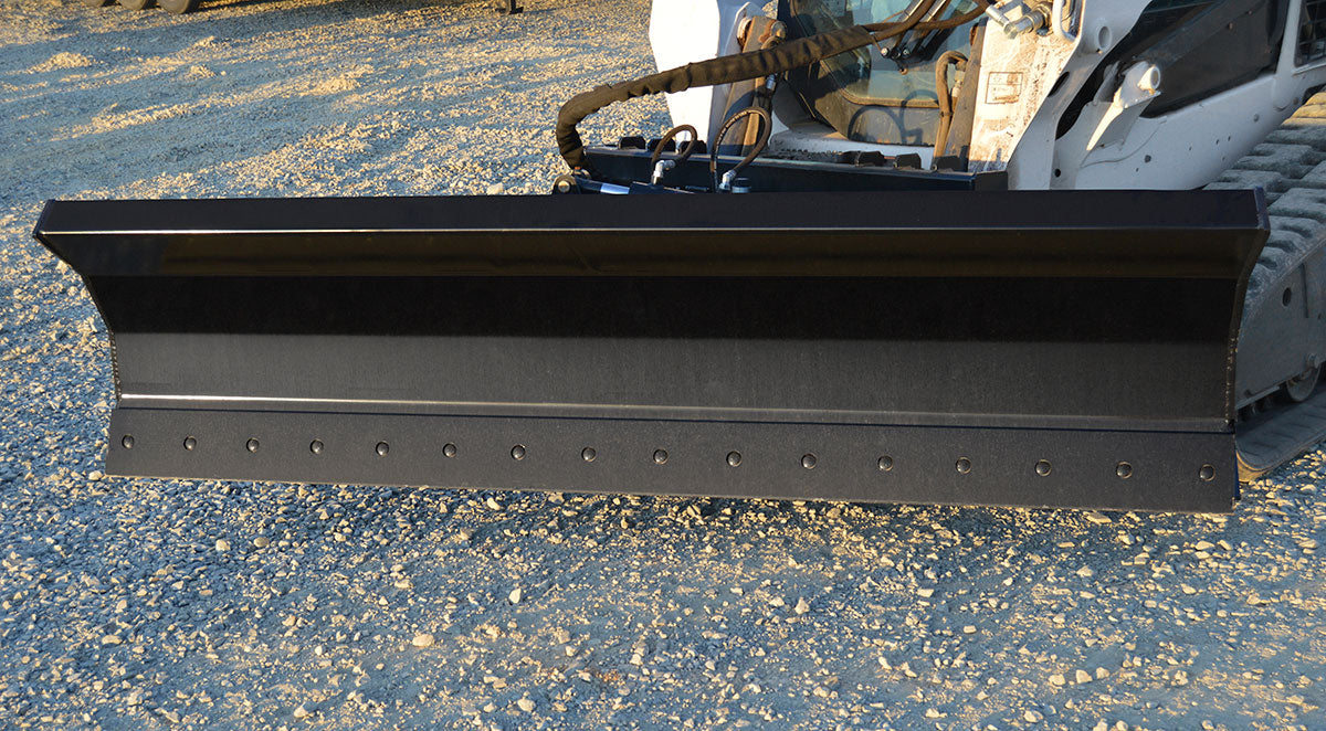 Loflin Dozer Blade for skid steer loaders featuring a 6-way hydraulic angle design for precise grading, leveling, and backfilling.