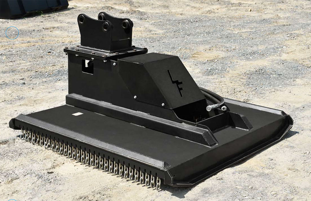 Loflin Mini Excavator Brush Cutter designed for compact machines, perfect for clearing brush, grass, and small trees in tight areas.