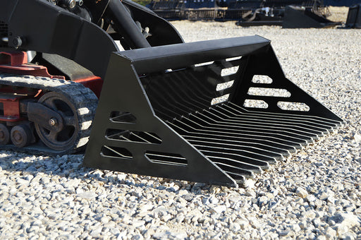 Loflin Tractor Rock Bucket for mini skid steers and compact tractors, ideal for sifting rocks, debris, and soil during land preparation.