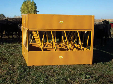 Ranch setup with Sioux Steel Square Hay Feeder built to handle large hay bales and withstand heavy livestock use.